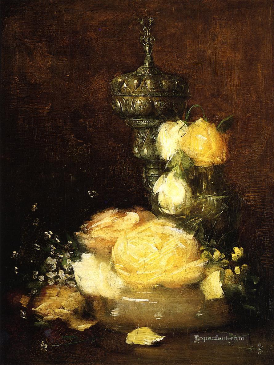 銀の杯とバラ 印象派の静物画 ジュリアン・オールデン・ウィアー油絵